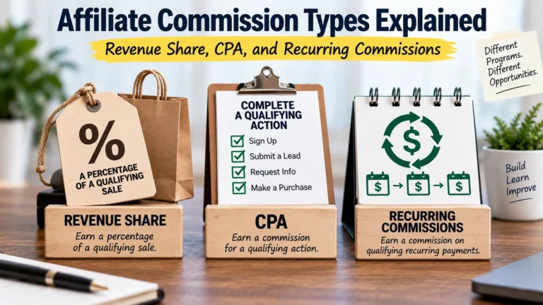 Affiliate commission types including revenue share, CPA, and recurring commissions