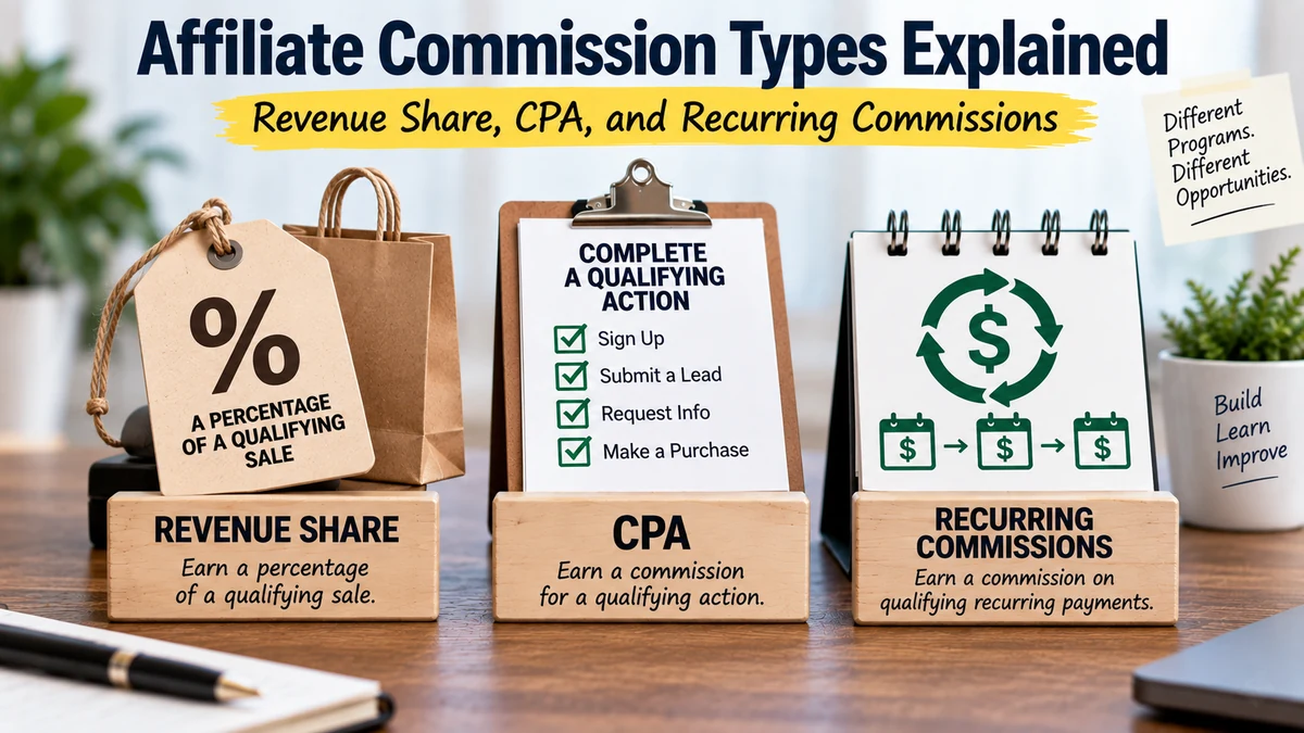 Affiliate commission types including revenue share, CPA, and recurring commissions