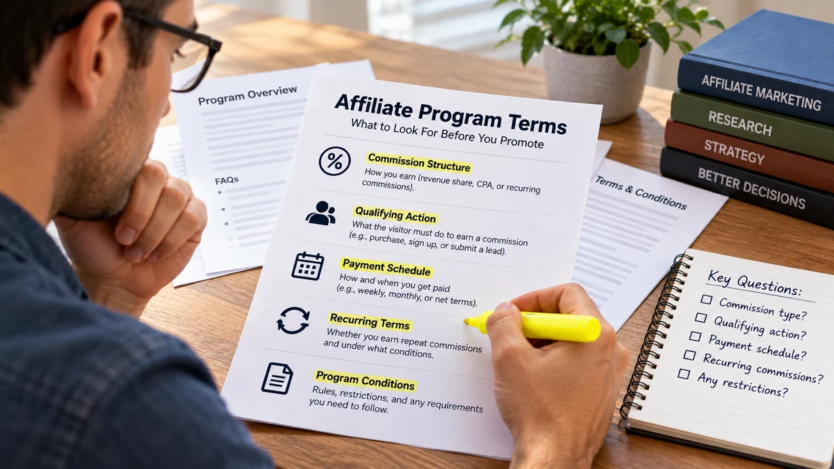 Person reviewing affiliate program terms and highlighting commission structure, payment schedule, and recurring terms