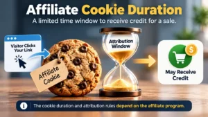 Illustration showing an affiliate click creating a tracking cookie and a time-limited attribution window