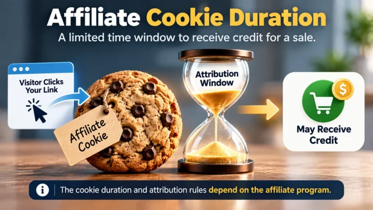 Illustration showing an affiliate click creating a tracking cookie and a time-limited attribution window
