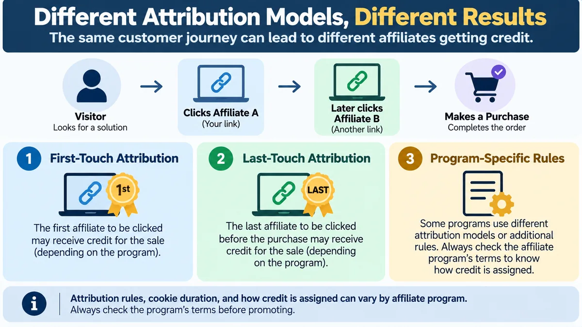 Affiliate attribution comparison showing first-touch, last-touch, and program-specific credit rules