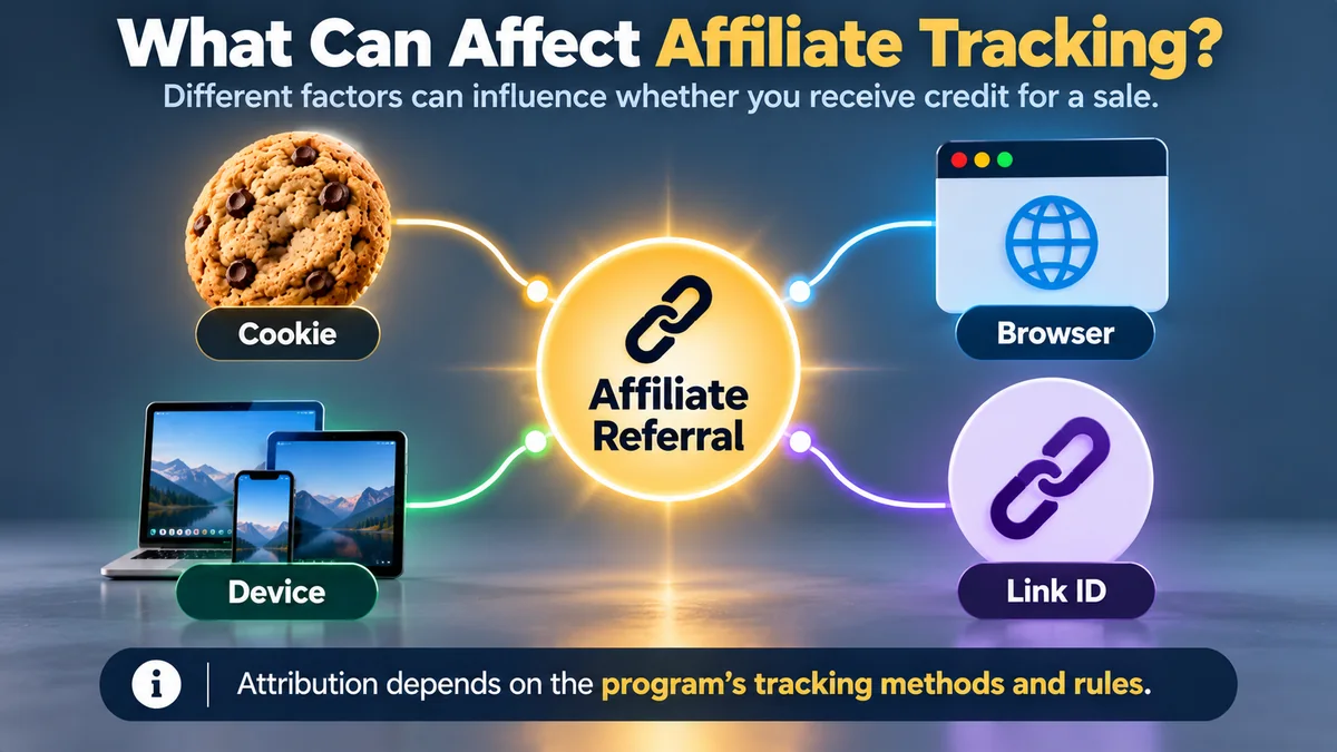 Affiliate tracking factors showing cookies, browsers, devices, and link IDs around an affiliate referral