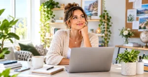 Smiling woman working at a laptop in a bright home office with a notebook, coffee, and green plants.