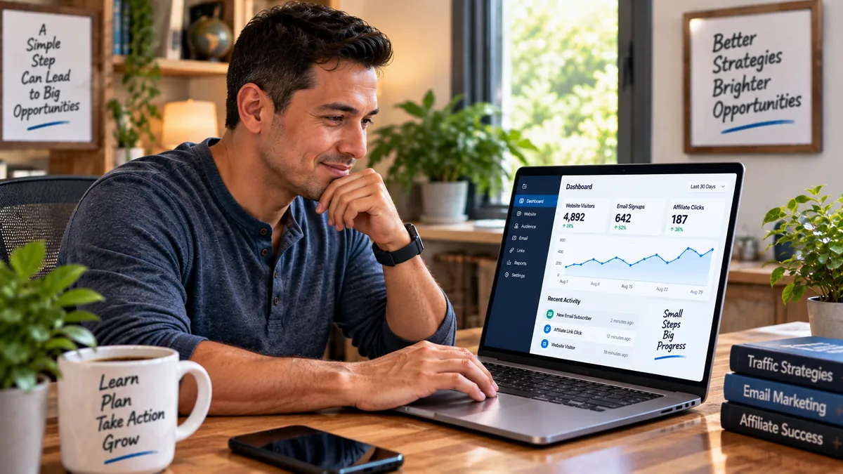 Man reviewing affiliate funnel analytics on a laptop in a bright home office.