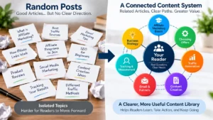 ffiliate marketing content strategy showing the difference between random posts and a connected content system centered on the reader