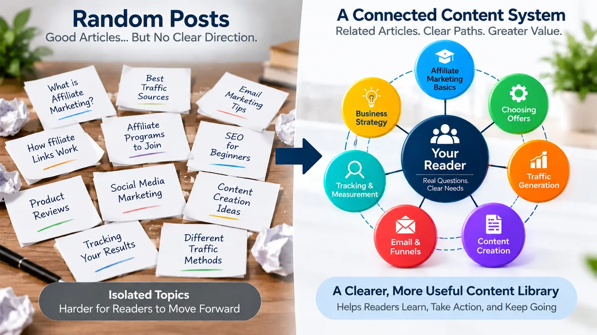 ffiliate marketing content strategy showing the difference between random posts and a connected content system centered on the reader