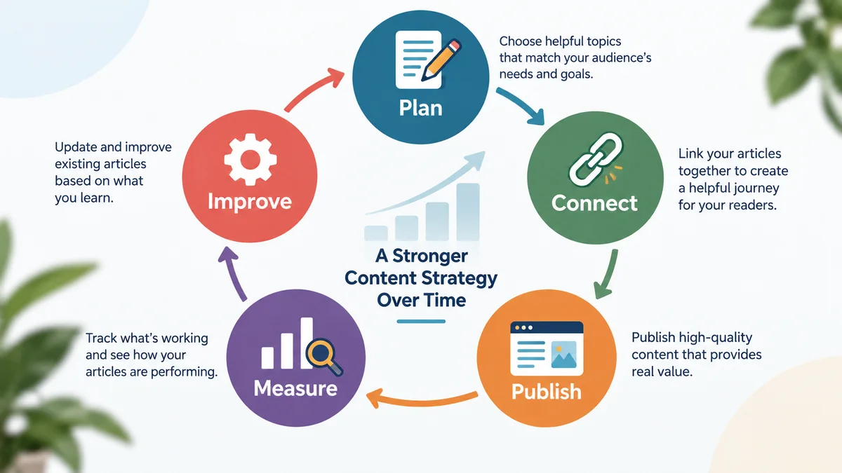 Content strategy cycle showing planning, connecting articles, publishing, measuring performance, and improving existing content