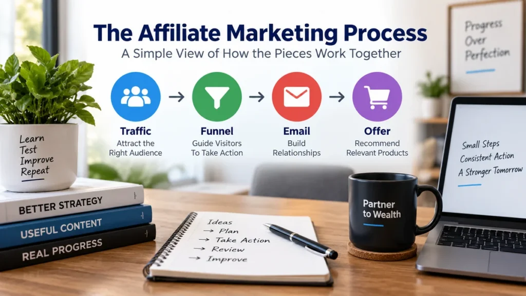 Affiliate marketing process showing traffic, funnel, email, and offer