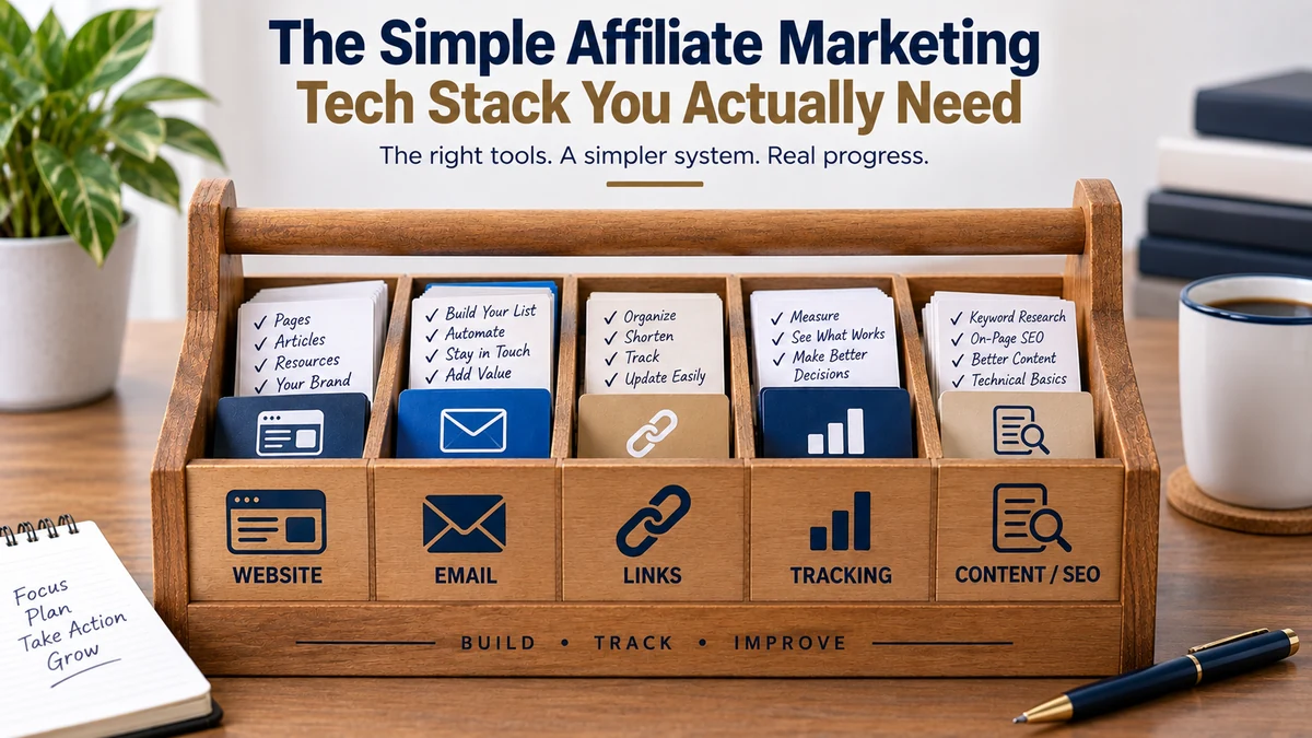Affiliate marketing tech stack showing website, email, links, tracking, and content SEO tools