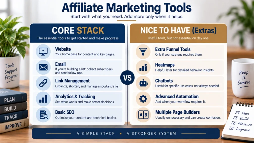 Affiliate marketing tools comparison showing a core tech stack versus optional extra tools