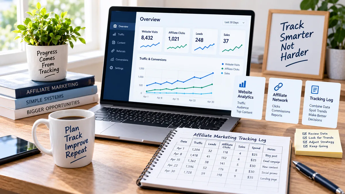 Affiliate marketing tracking workspace with a laptop dashboard, tracking notes, and a simple campaign log on a desk.