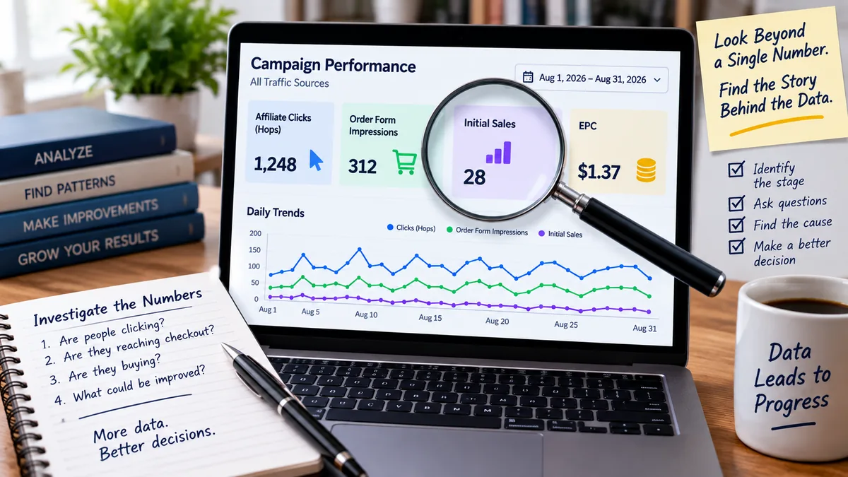 Affiliate metrics investigation visual showing a dashboard under a magnifying glass with clicks, order form impressions, sales, and EPC.