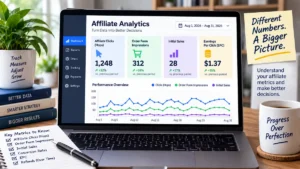 Affiliate network metrics dashboard showing affiliate clicks, order form impressions, initial sales, and earnings per click.