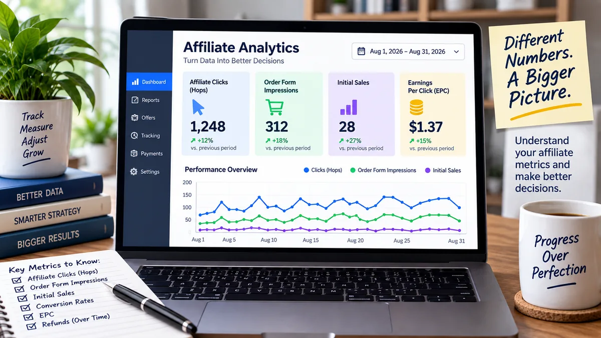 Affiliate network metrics dashboard showing affiliate clicks, order form impressions, initial sales, and earnings per click.