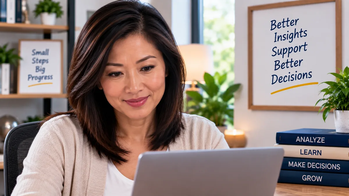 Woman reviewing affiliate network metrics on a laptop in a professional home office.