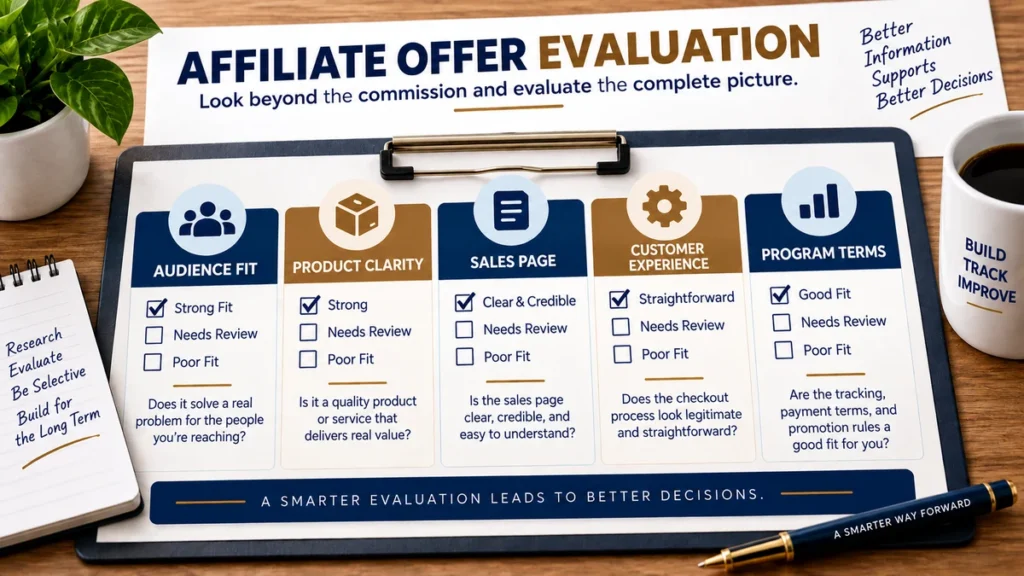 Affiliate offer evaluation scorecard showing audience fit, product clarity, sales page, customer experience, and program terms