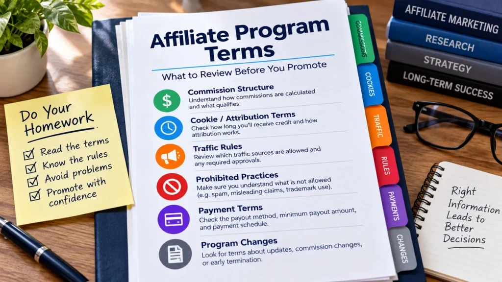 Affiliate program terms document highlighting commission structure, cookie terms, traffic rules, payment terms, and program changes
