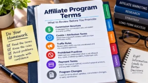 Affiliate program terms document highlighting commission structure, cookie terms, traffic rules, payment terms, and program changes