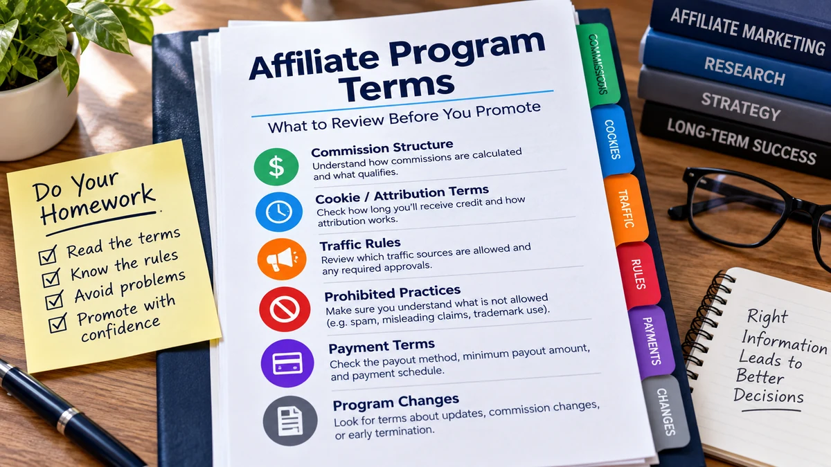 Affiliate program terms document highlighting commission structure, cookie terms, traffic rules, payment terms, and program changes
