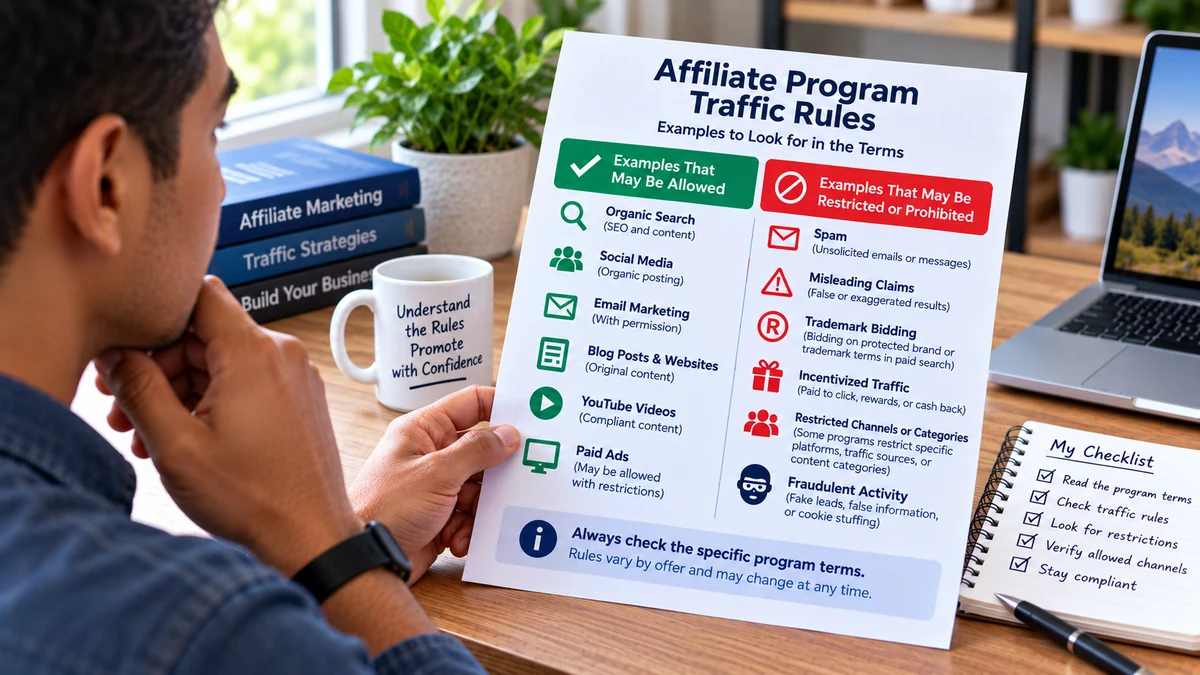 Affiliate program traffic rules showing examples that may be allowed and practices that may be restricted or prohibited