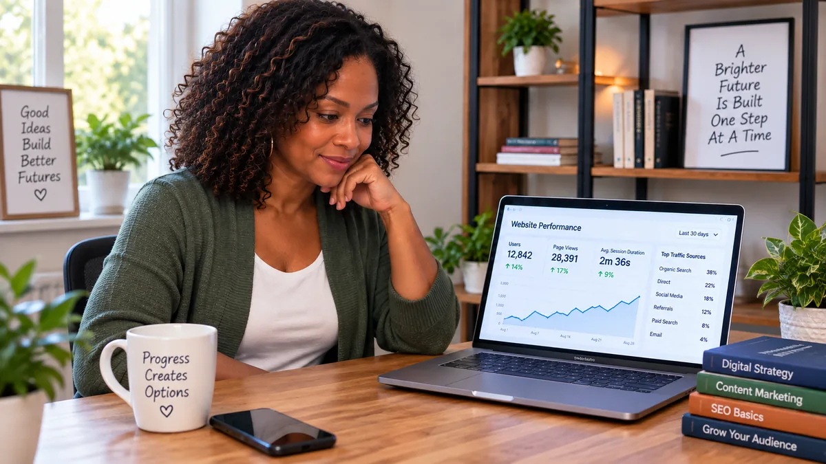 Woman reviewing affiliate marketing analytics on a laptop in a bright home office.