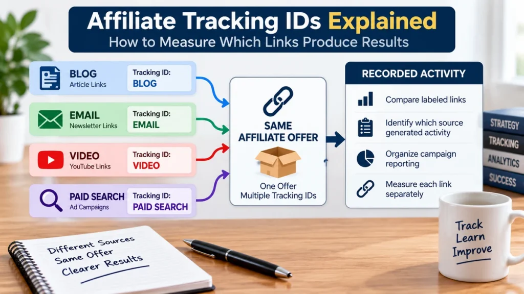 Affiliate tracking IDs showing separate labels for blog, email, video, and paid search links
