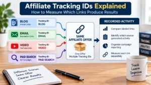 Affiliate tracking IDs showing separate labels for blog, email, video, and paid search links