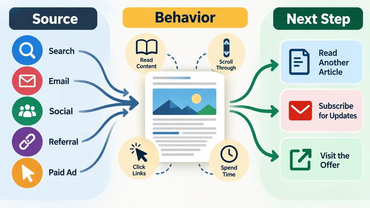 Diagram linking traffic sources to on-site visitor behavior and possible next steps