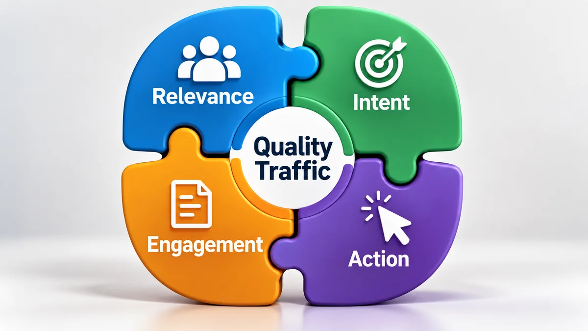 Affiliate traffic quality framework showing relevance, intent, engagement, and action