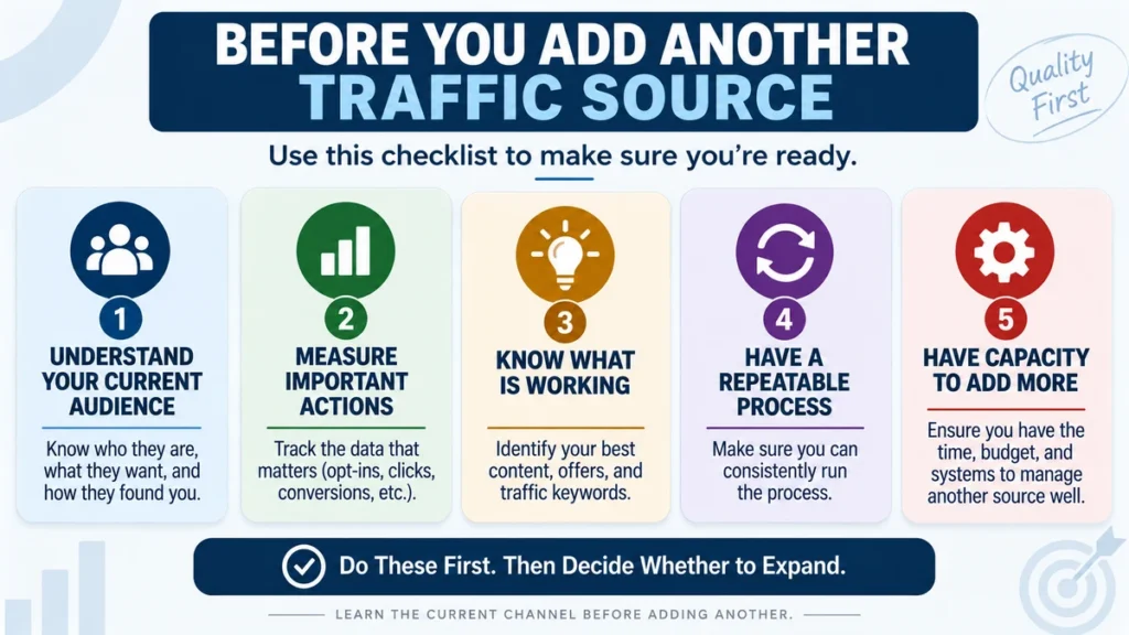 Checklist for before you add another traffic source including audience, measurement, what works, repeatable process, and capacity