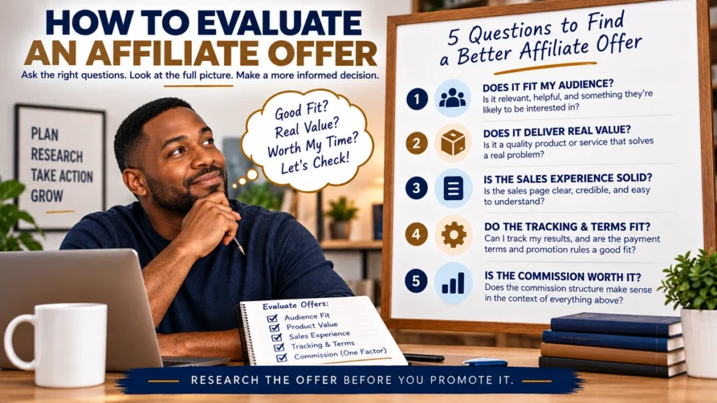 Before you promote an affiliate offer evaluate audience fit, product clarity, sales page, customer experience, and tracking terms