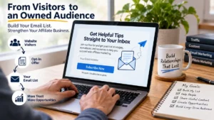 Build an email list visual showing website visitors becoming an owned audience through an opt-in offer and email signup.