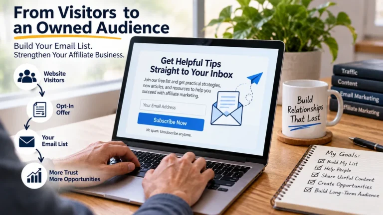 Build an email list visual showing website visitors becoming an owned audience through an opt-in offer and email signup.
