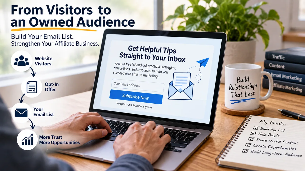 Build an email list visual showing website visitors becoming an owned audience through an opt-in offer and email signup.