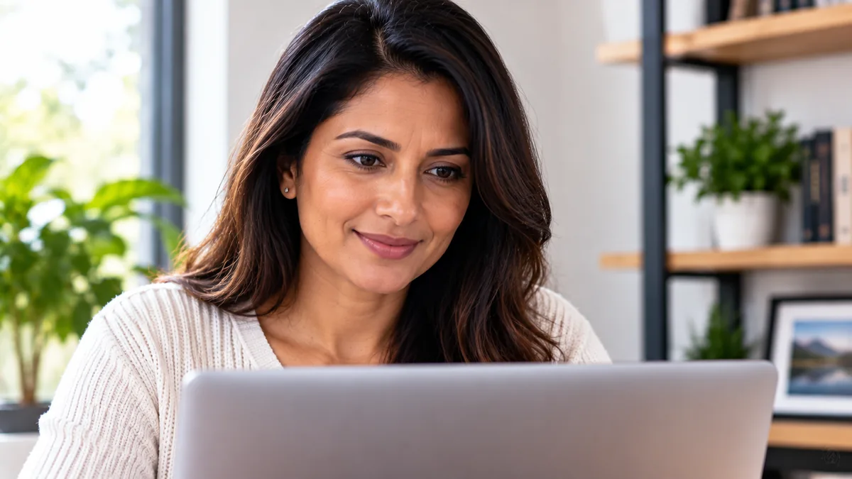 Woman researching affiliate marketing content on a laptop in a professional home office.