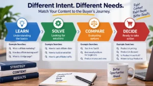 Buyer intent in affiliate marketing visual showing the stages learn, solve, compare, and decide with example search queries.