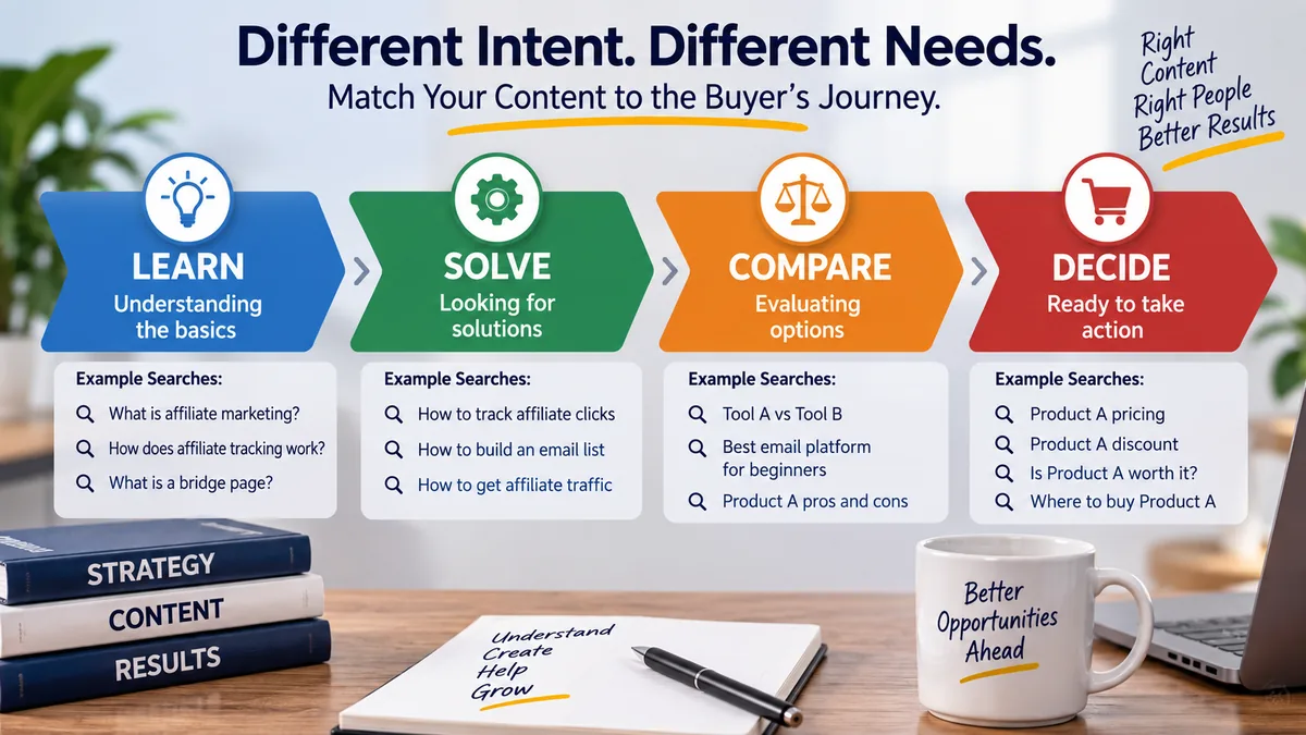 Buyer intent in affiliate marketing visual showing the stages learn, solve, compare, and decide with example search queries.