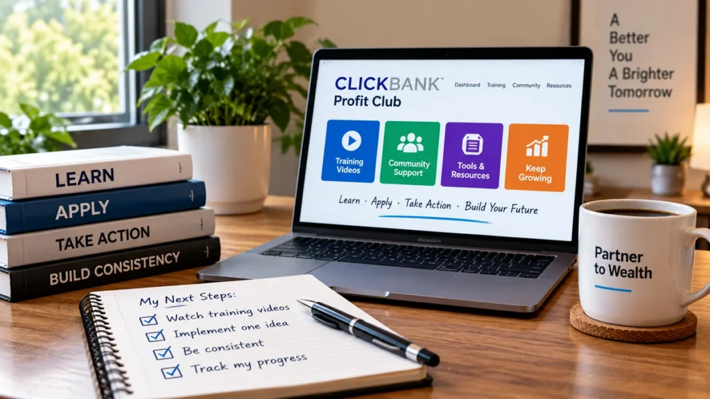 ClickBank Profit Club training workspace with laptop and planning notebook
