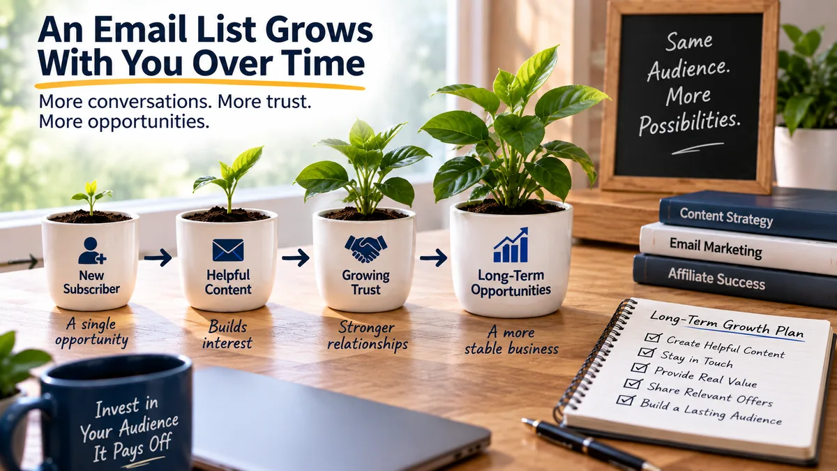 Email list growth visual showing how helpful content and trust can turn new subscribers into long-term opportunities over time.