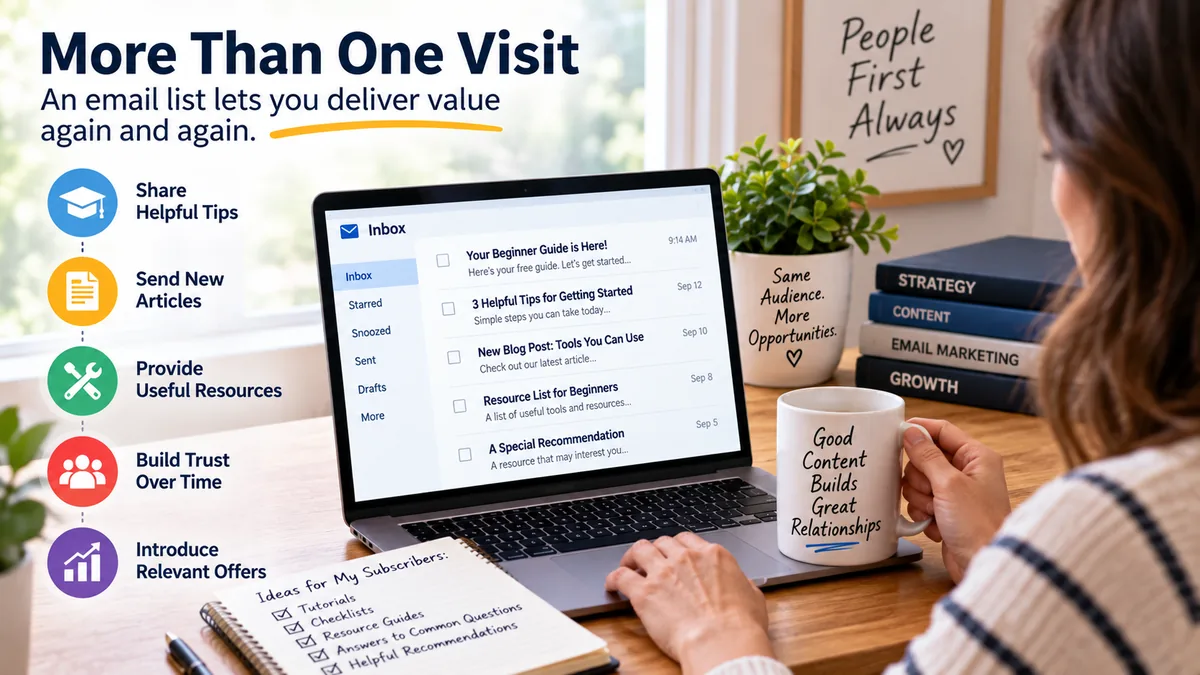 Email list visual showing how subscribers can receive ongoing tips, articles, resources, and relevant offers over time.