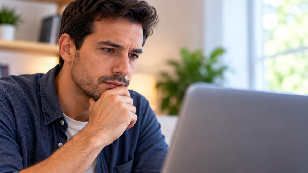Man looking thoughtfully at a laptop with his hand resting against his chin