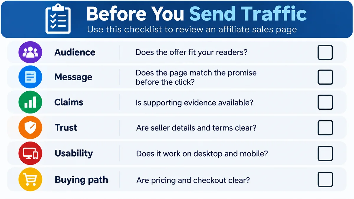 Affiliate sales page evaluation checklist covering audience fit, message, claims, trust, usability, and the buying path