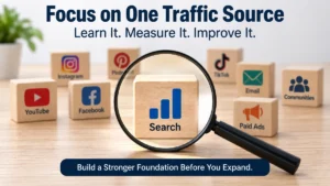 ocus on one traffic source with a magnifying glass highlighting search while other traffic channels remain in the background
