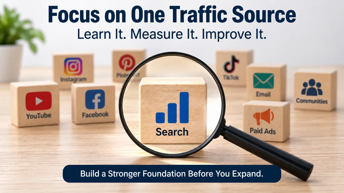 ocus on one traffic source with a magnifying glass highlighting search while other traffic channels remain in the background