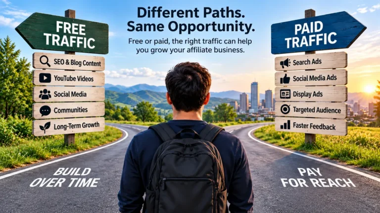 Free vs paid traffic for affiliate marketing shown as two different traffic paths