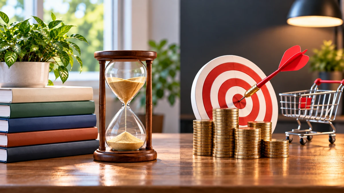 Hourglass, coins, and target representing free and paid traffic strategies for affiliate marketing