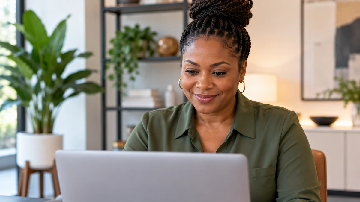 Woman reviewing affiliate marketing traffic options on a laptop