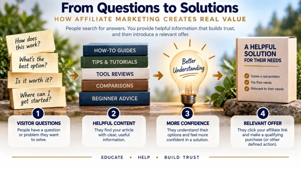 Affiliate marketing visitor journey from questions to helpful content, better understanding, and a relevant offer