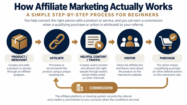 How affiliate marketing works for beginners step-by-step infographic